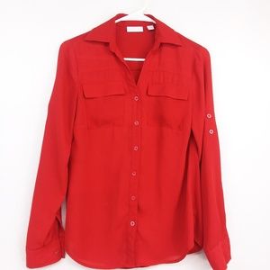 New York and Co Red Tab Sleeve Button Up Top